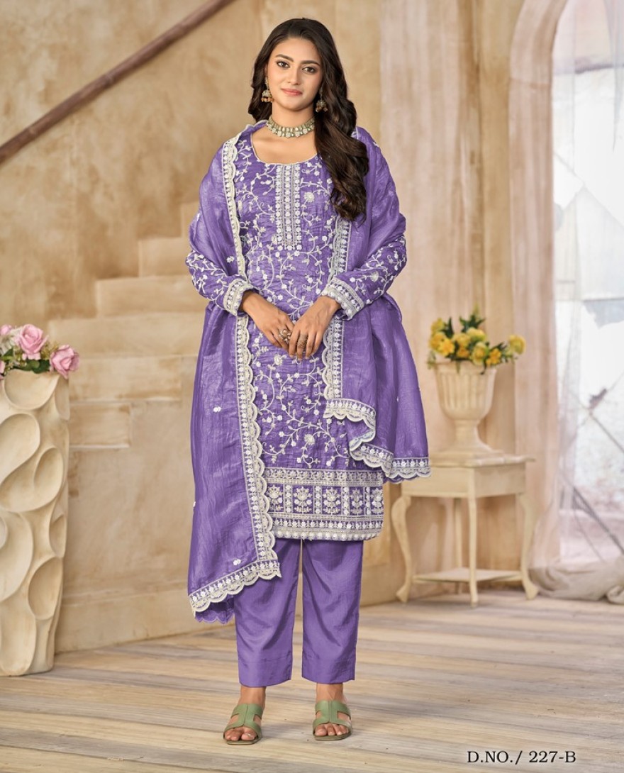227-purple - Crush Straight Suit with Embroidered Work for Festival in Violet